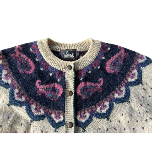 Vintage Woolrich Woman's Sz L Cream Blue Paisley Wool Blend Button Cardigan - Picture 4 of 11